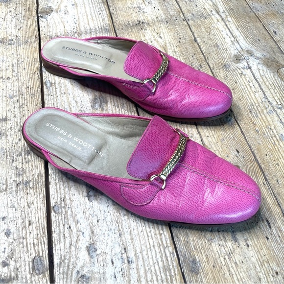 Stubbs & Wootton Pink Leather Mules Size 11 | Gold Accent Slip-On Loafers - Picture 1 of 11